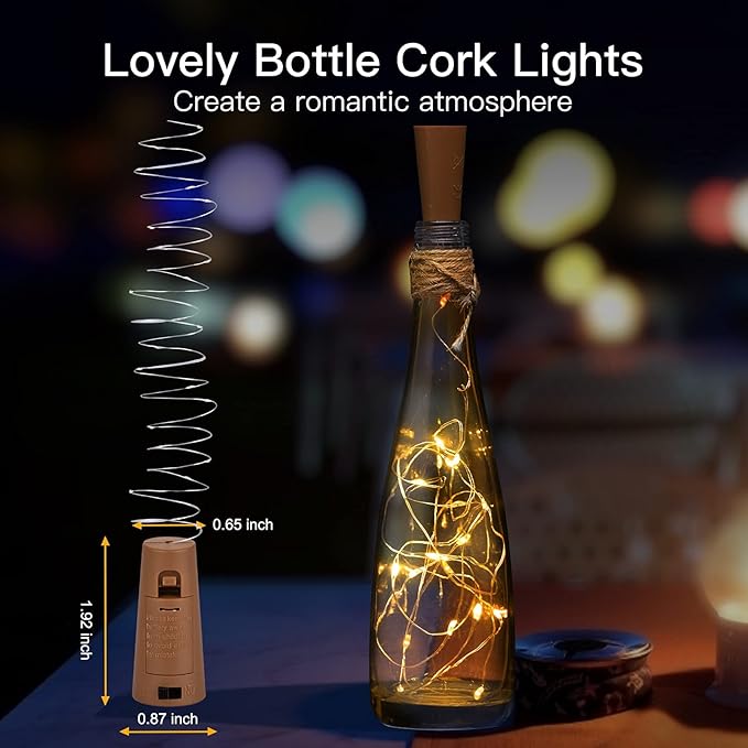 Brightown Wine Bottle Lights with Cork, 20 Pack 20 LED Waterproof Battery Operated Cork Lights, Silver Wire Mini Fairy Lights for Liquor Bottles DIY Party Bar Christmas Holiday Wedding Décor