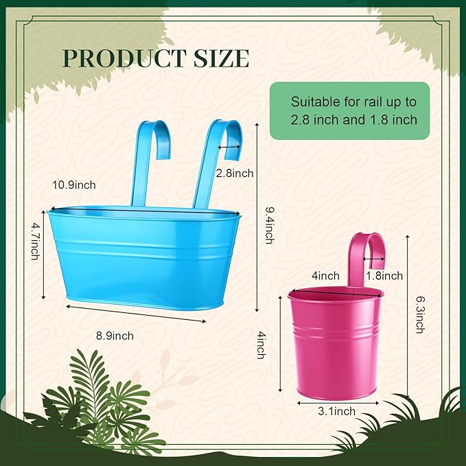 Romooa 16 Pcs Hanging Flower Pots Planters for Outdoor Metal Iron Wall Flower Planter Baskets for Railing Fence Balcony Garden Yard Home Indoor Decoration with Detachable Hooks (Colorful)