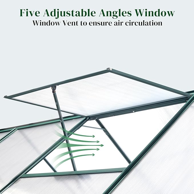 VINGLI Greenhouse, 6x8 FT Heavy Duty Polycarbonate Greenhouse with 5 Roof Vents, Aluminum Frame, Sliding Doors, Green