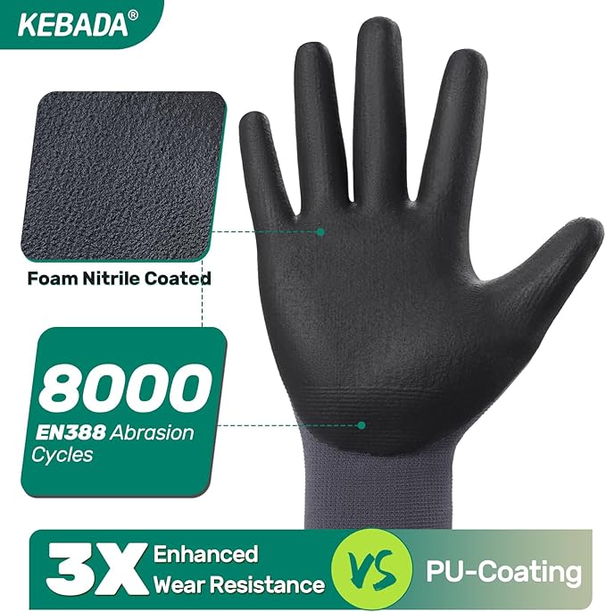 Kebada W5 Work Glove, Foam Nitrile Coated Safety Gloves with Grip, Knitted with Spandex and Nylon, Ideal for Warehouse, Gardening, XXL