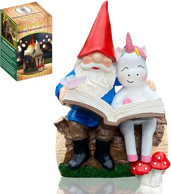 8'' Gnome and Unicorn Reading Book Statue,Funny Garden Gnomes Outdoor Statues for Garden Decor with Solar Lights,Gnomes Decorations for Yard Patio Lawn Cute Ornament Decoration,Gifts for Girl,Grandpa
