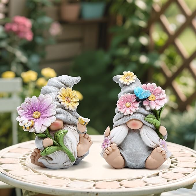 Hodao Set of 2 Spring Gnome Decorations Flower Gnomes Ornaments Decor Summer Outdoor Figurines Spring Elves for Porch, Garden Yard, Flower Bed Garden Gifts for Women, Mom