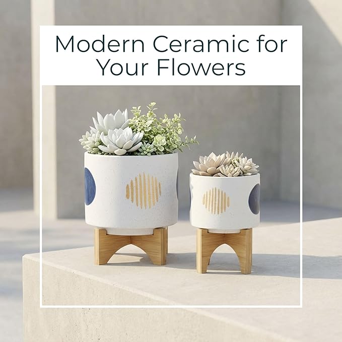 Ceramic Planter Set with Bamboo Stand – Plant Stand Indoor For Everyday Greenery, Living Room or Patio, Geometric Design Planter with Stand For Sculptural Home Decor Display – 11" 7", White