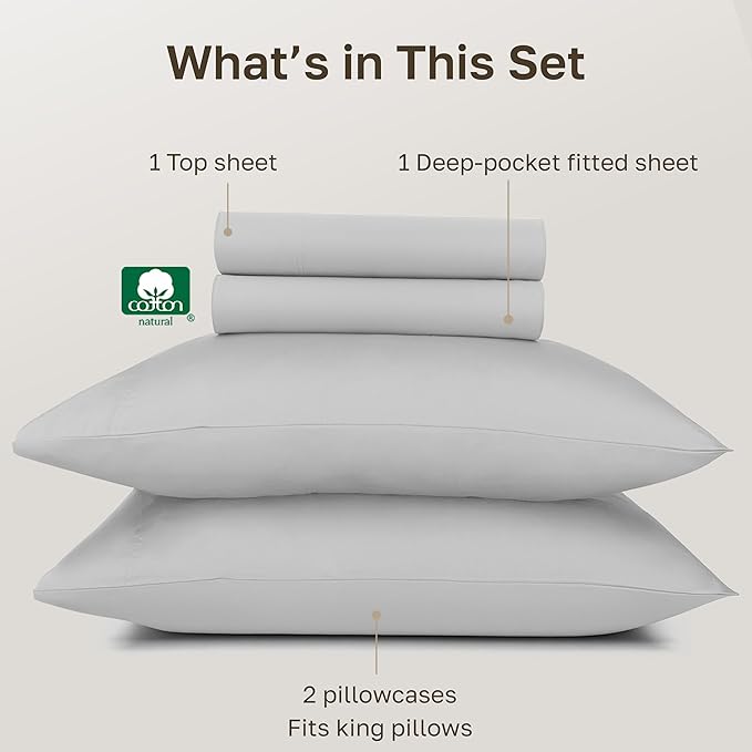 100% Egyptian Cotton Bedsheets, California King Bed Sheets, Certified Authentic Luxury Bedding Sheets & Pillowcases Set, Deep Pocket, Breathable Sateen Bedsheets for Hot Sleepers, Light Grey Sheets
