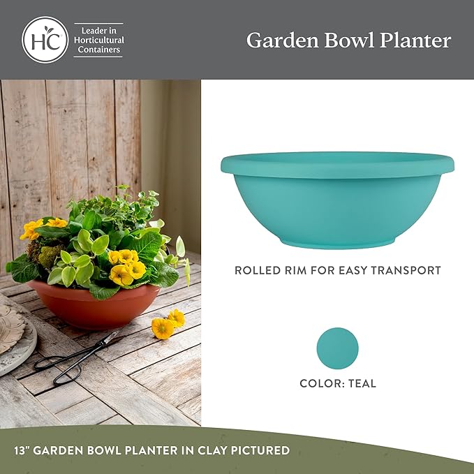The HC Companies 24 Inch Shallow Garden Bowl Plant Pot with Drainage, Lightweight UV-Resistant Plastic Planters for Succulents, Herbs & More, 2-Pack Planters for Indoor Outdoor Home Decor, Teal