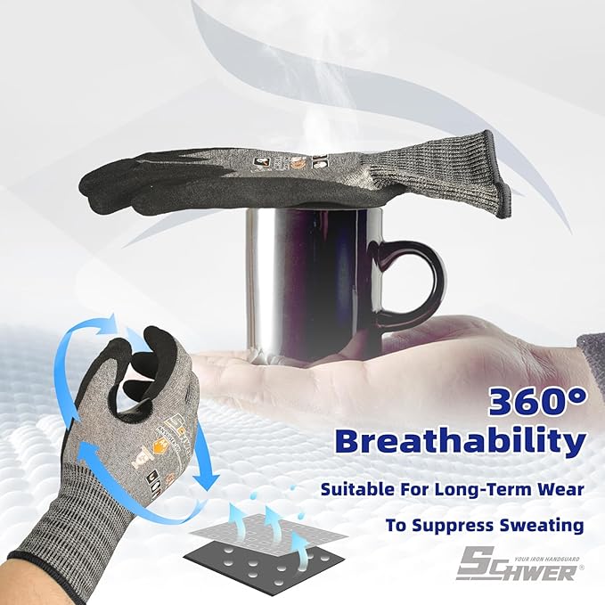Schwer 6 Pairs ANSI A4 Cut Resistant Work Gloves with Extreme Lightweight & Thin, Sandy Nitrile Touchscreen Safety Working Gloves with Grip, 3D-Comfort Fit, Flexible and Breathable, L, AR5918