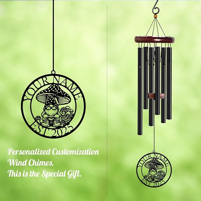 Personalized Customize Name Gnome Wind Chime, Metal Iron 37 Inch Outdoor Memorial Gift for Garden Yard Patio Home Decor, Black，Christmas (Style E)