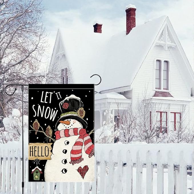 Winter Garden Flag 12x18 Inch Double Sided Burlap Outdoor Seasonal Decoration Cute Snowman with Black Top Hat Red Scarf Let It Snow Welcome Flag for Yard Patio Porch