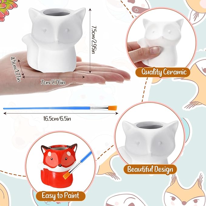 Pasimy 6 Set Ceramics to Paint DIY Ceramic Succulent Planter Pots Paint Your Own Flower Pots Craft Kit Unpainted Bisque Flowerpot with Brush Palette for Family Activity Holiday Gifts(Fox)