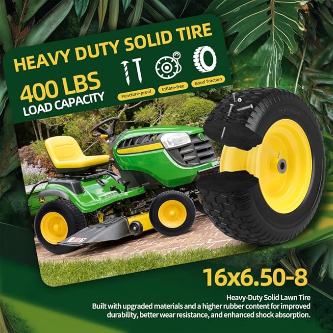 16x6.50-8 tire and wheel Flat Free Assemblies (2 Pack), Lawn Mower Tires with Rim, Solid Rubber Riding Lawn Mower Tires and Wheels,3" Offset Hub,3/4" Bushings,16x6.5-8 Tractor Turf Tire