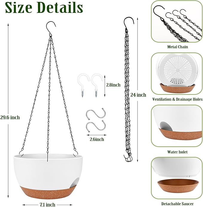 Lucieblessdesign Hanging Planters for Outdoor Indoor Plants, 2 Pack 12 Inch Hanging Basket Plants Outdoor, Self Watering Hanging Planter with Plant Hanger for Garden Home Decoration (White)