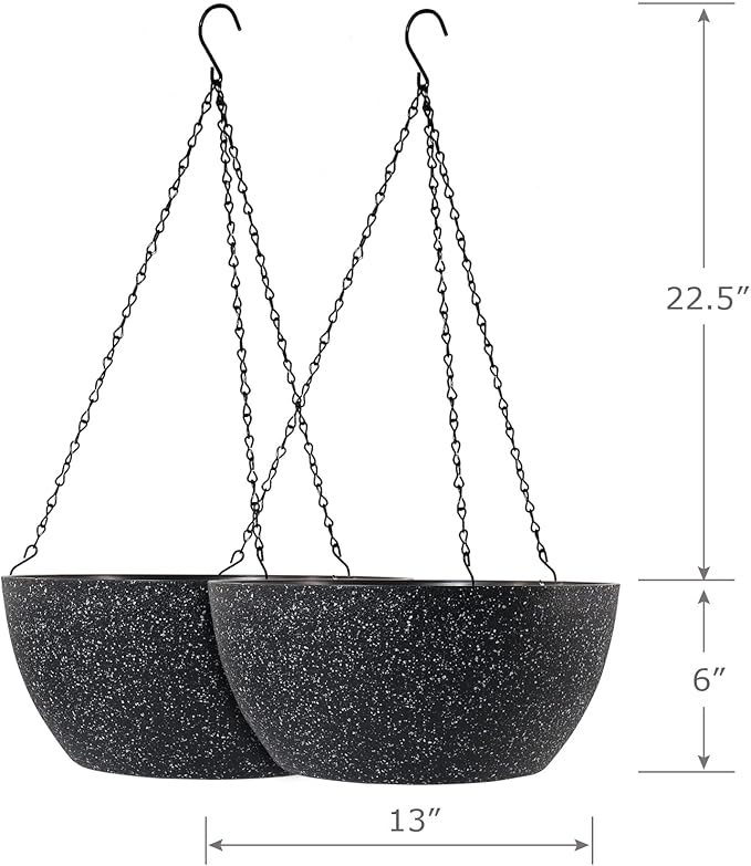 WSMKSZ 13 inch Large Hanging Planters Plant Pots for Outdoor Indoor Plants with Drainage Holes and Chain, 2 Pack Round Hanging Flower Pots for Garden Home Porch Decor, Speckled Black