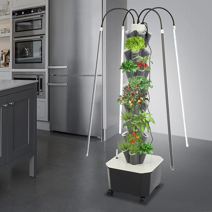40 Plants Vertical Hydroponics Growing System Kit, Smart Tower Garden Hydroponic Herb Garden Planter Indoor Kit with Water Circulation & LED Full-Spectrum Supplementary Lighting (Gray)