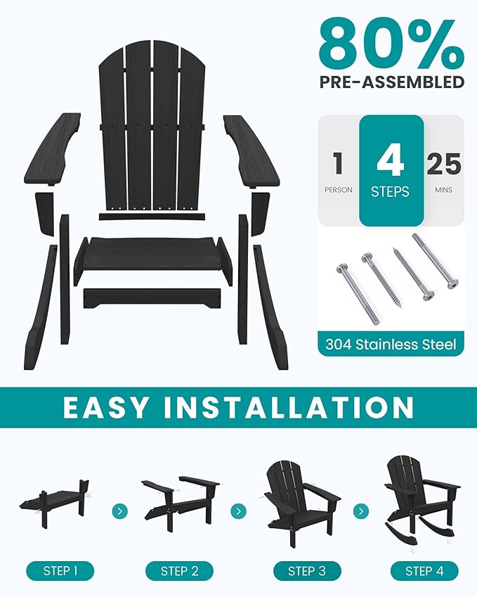 SERWALL Outdoor Adirondack Rocking Chairs Set of 6, All-Weather HDPE Adirondack Rocker Chair, Front Porch Rocker Chairs for Patio Lawn Porch Deck, Black