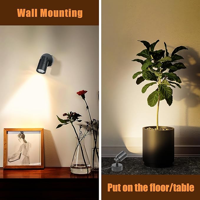 2 Pack LED Spotlights Indoor, 5W Plants Uplighting with Remote Control Dimmable & Timer, Uplights Indoor Floor Spot Lights for Picture, Artwork, Accent Stick on Wall Light with 5.9 FT Plug Cord