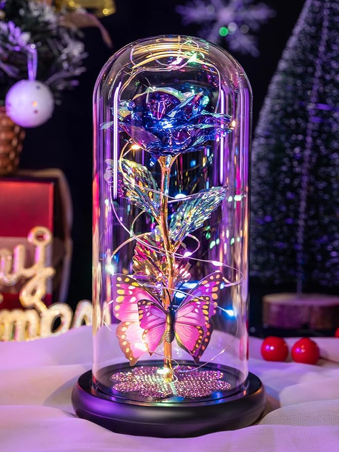 Valentines Day Rose Gifts for Her Women Birthday Gift Galaxy Glass Rose in Glass Dome Forever Eternal Crystal Flowers with Butterfly Valentines Day Gifts for Women Daughter Mom Wife Girlfriend Purple
