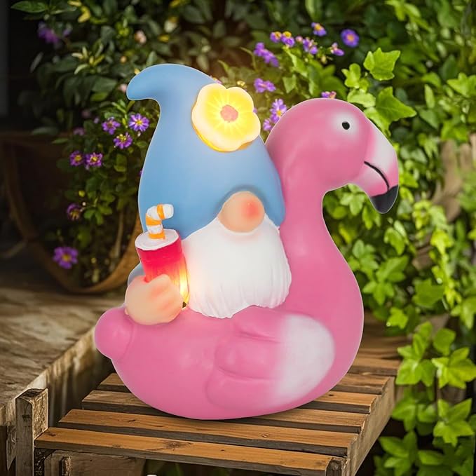 Solar Gnome Garden Decor Statue,Outdoor Funny Solar Light Decoration for Outside Yard Patio Front Porch Balcony Home - Unique Housewarming Gifts (Flamingo)