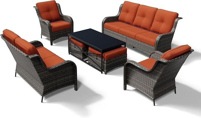 Joyside 7 Piece Wicker Patio Furniture Set, Rattan Patio Chairs with High Back, Deep Seating, Wide Armrest, Thickened Cushions, Outdoor Furniture for Deck, Porch Use