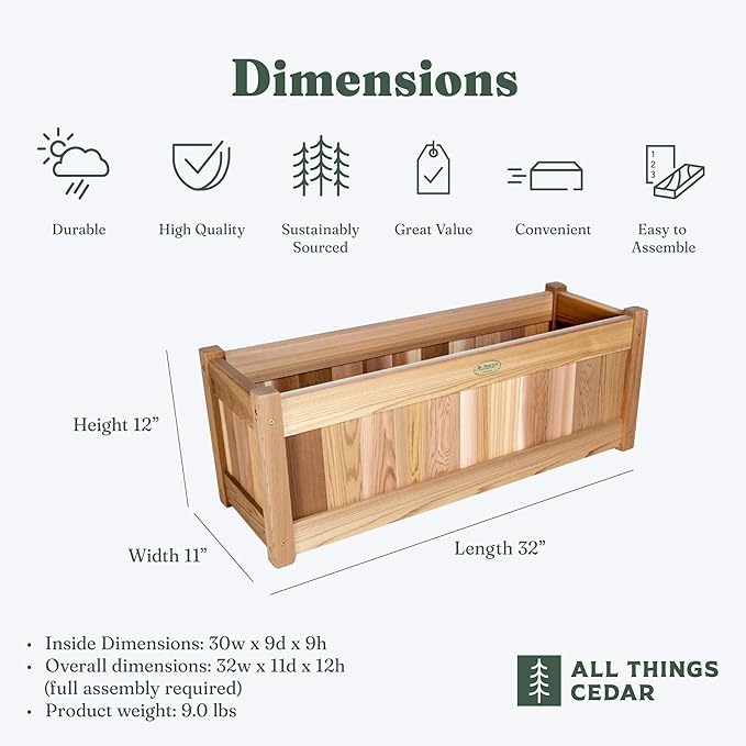 All Things Cedar Planter Box, Outdoor Cedar Wood Garden Bed, 32 Inches Wide, Natural