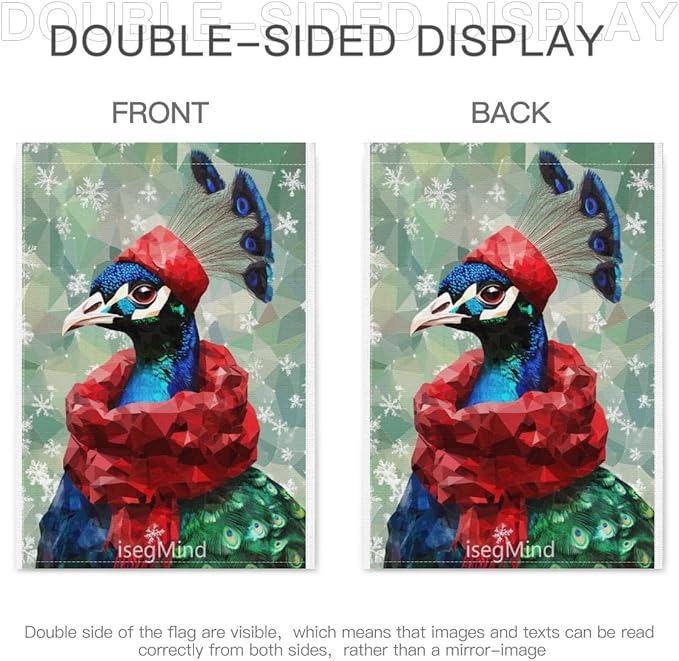 Peacock with Red Scarf and Hat Snowflake Christmas Garden Flag, 28x40 Inch Double Sided Linen Holiday Red Winter Farmhouse Yard Outdoor Decoration (4343)