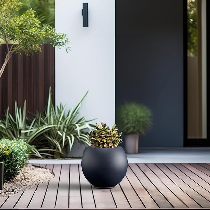 Kante Round Concrete Flower Pot, 11 Inch Dia (7.9" Opening) Sphere Shape Design Planter with Drainage Hole and Rubber Plug for Indoor & Outdoor Plants, Charcoal Finish with Painted Interior