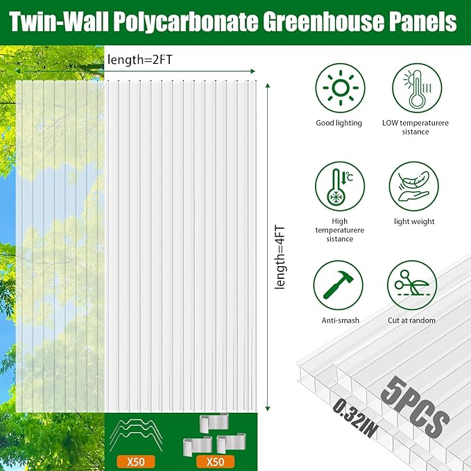 Polycarbonate Greenhouse Panels 5 Pack 4' x 2' x 0.32" Twin-Wall UV-Protected All Weather Plastic Roof Panel Clear Replacement Sheets for Garden Fences, Furniture DIY,Outdoor Roofing