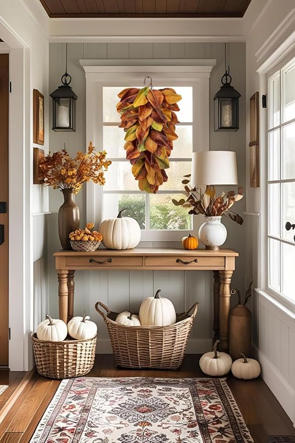 Autumn Foliage Teardrop Swag for Front Door – 27" Artificial Magnolia Leaf Garland Hanging Decoration – Fall Door, Thanksgiving Mantel & Wall Décor