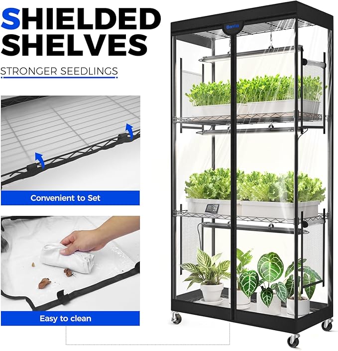Barrina LP750 Indoor Greenhouse with Grow Light, 105W TX-S35 Full Spectrum Grow Lights, 2FT, 5000K, 4-Tier Plant Shelf with Tent, Timer & Thermometer for Seed Trays, Growth, 29.5 x 13.8 x 59.1IN
