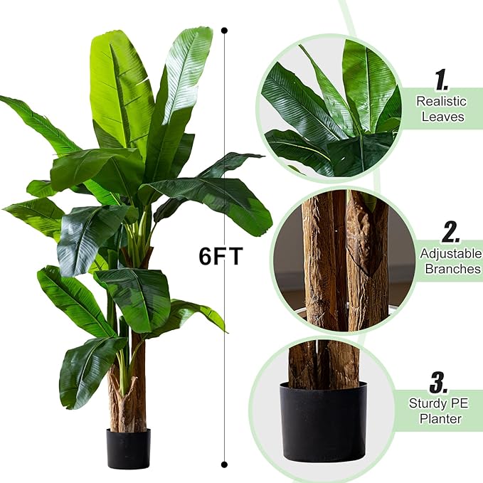 Artificial Banana Tree 6ft, Faux Tropical Palm Tree Plant with Realistic Leaves, Low Maintenance Indoor Outdoor Decor for Home Office Porch, in Nursery Pot