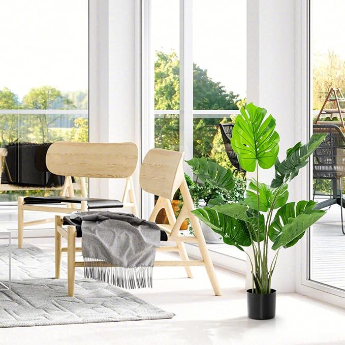 4FT Fake Monstera Deliciosa Plants, Faux Monstera Plant w/15 Turtle Leaves, Cement-Filled Plastic Pot, 60 Inch Fake Plant for Indoor Home Office Living Room Decoration Set of 2