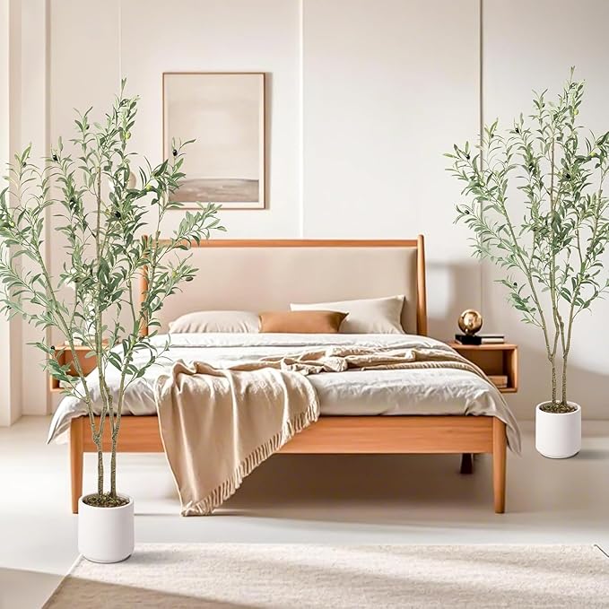Artificial Fake Olive Tree 5FT Tall 2Pack with White Planter Faux Silk Olive Tree for Home Living Room Office Decor Faux Artificial Plants Indoor with Fruit & Free Moss