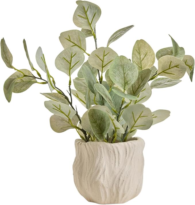 AlphaAcc 12.6" Artificial Plant Eucalyptus in White Embossed Ceramic Pot Lifelike Faux Plants Decorative Fake Greenery for Home Kitchen Bathroom Bedroom Office Desk Bookshelf Indoor Tabletop Decor