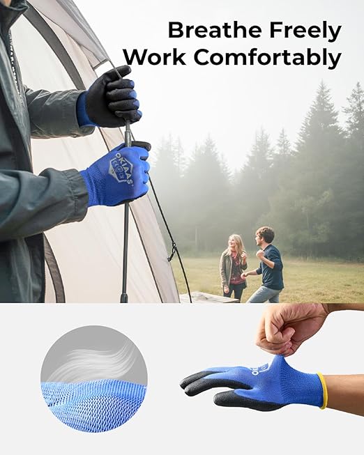 OKIAAS Work Gloves for Men,Ultra Thin and Lightweight Working Gloves with Grip,12 Pairs Bulk Pack Construction Gloves with Polyurethane Coating,Safety Gloves for Light Duty Work (Black, Large)