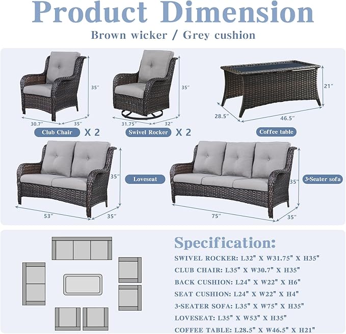 Belord Outdoor Furniture Wicker Conversation Sets - 7 Piece Patio Rattan Furniture Sets with Swivel Rocker Chairs Outdoor Sofa for Porch Deck Backyard Brown/Grey