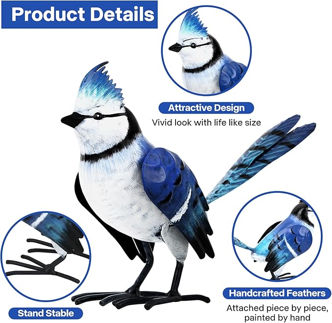 Shorayn Cardinal Decor Garden Statues Metal Bird Yard Art Sculptures,Standing Blue Jay Figurine Outdoor Decoration for Lawn Ornament,Christmas Housewarming Birthday Gifts for Women