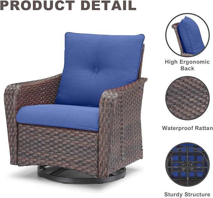 Rilyson Outdoor Patio Swivel Rocker Chairs - 4 PC Wicker Rattan Patio Rocking Glider Chair Set with High Back,Comfy Cushions and Deep Seating for Porch Deck Backyard Garden(Brown/Blue)