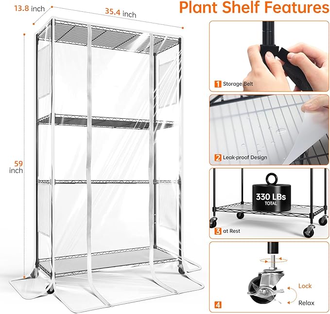 Bstrip Indoor Greenhouse with Grow Light, Plant Stand with 3 Pack Full Spectrum Plant Lights , 3 color modes, Plant Shelf with Tent for Indoor Plant, Seed Starting, Seed Tray, 35.4"x13.8"x59"
