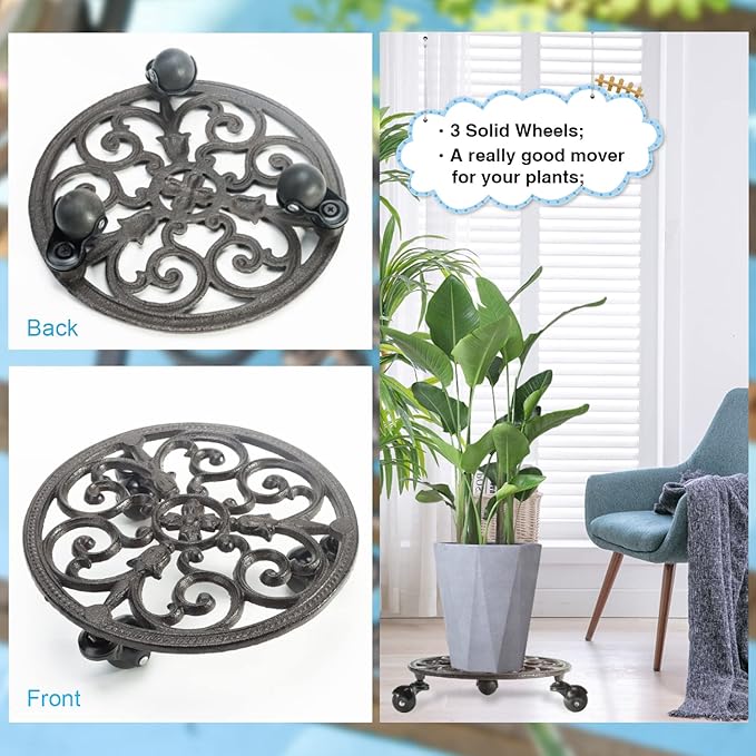 Sungmor Heavy Duty Cast Iron Plant Caddy, Set of 2 & 11 Inch Round Potted Plant Stand Flower Pot Rack on 3 Solid Wheels, Indoor Outdoor Planter Holder Trolley Casters Rolling Tray