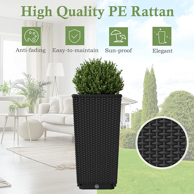 Giantex Set of 2 Outdoor Wicker Flower Pot, 23 Inch Tall Planters with Drainage Hole, Self-Watering Tray, Rattan Flower Pots, Indoor Outdoor Decoration for Front Porch Balcony Entryway (Black)