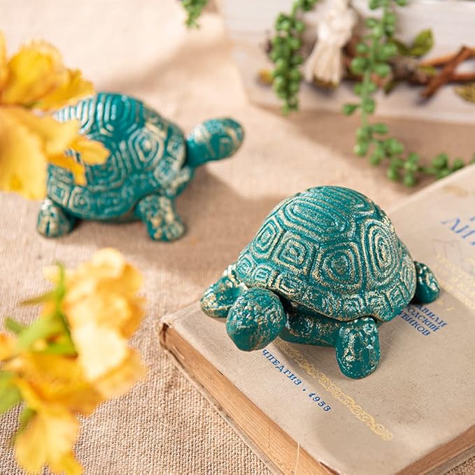 Sungmor Cast Iron Turtle Key Hider – Heavy Duty Indoor Outdoor Spare Key Holder & Garden Decor, Antique Green Small Animal Statue for Porch, Shelf, Patio
