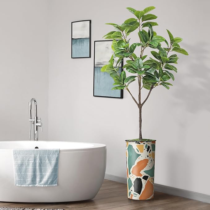 Artificial Tree in Modern Geometric Pattern Planter, Fake Rubber Silk TRE for Indoor and Outdoor Home Decoration - 70" Overall Tall (Plant Pot Plus Tree)