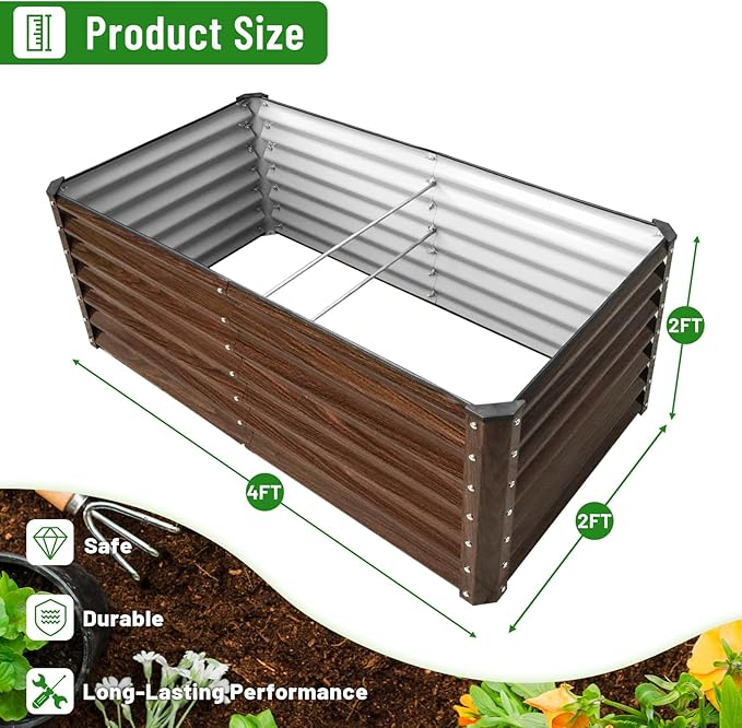 SnugNiture 4x2x2FT Galvanized Raised Garden Bed Kit, Metal Planter Box for Planting Plants Vegetables, Brown