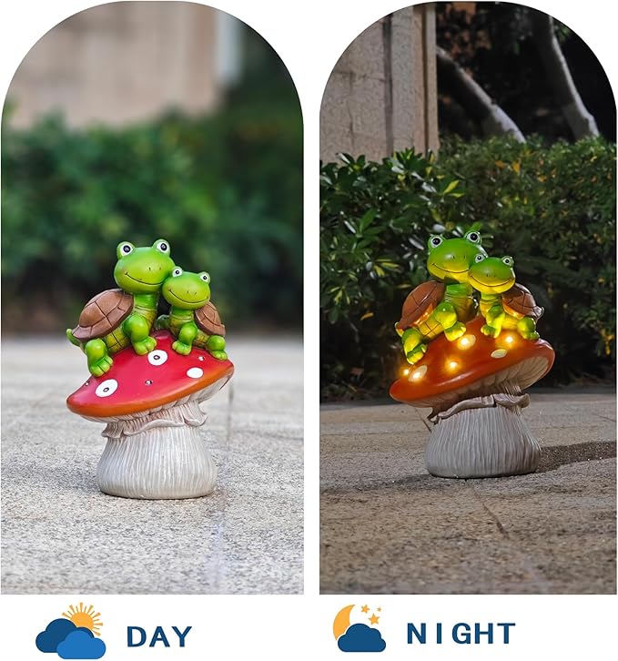 Solar Garden Turtle Figurines Outdoor Ornaments - Orange Mushroom with Sweet Frog Face Cute Turtles Decor, Resin Decorations Unique Garden Art Resin Statue Gifts for Patio Lawn Porch Yard