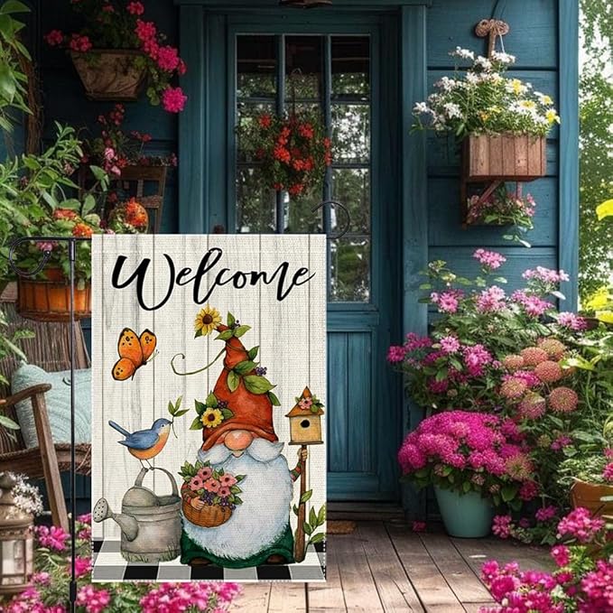Welcome Spring Summer Garden Flag 12x18 Inch Double Sided Small Burlap Gnome Cardinal Flowers Butterfly Sunflower Buffalo Plaid Garden Flags Home Yard Lawn Holiday Outdoor Decorations