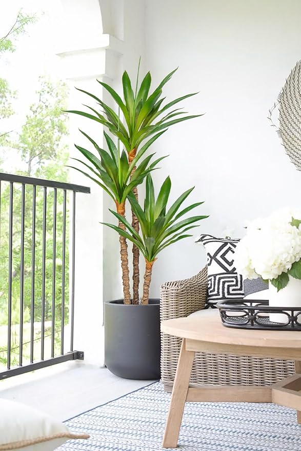 Artificial Tree Indoor 5.57Ft Faux Agave Plant Tree Fake Tropical Yucca Tree with 3 Heads in Pot Fake Dracaena Plants Potted Palm Tree Floor Plant Home Decor Modern Office Decoration Housewarming Gift
