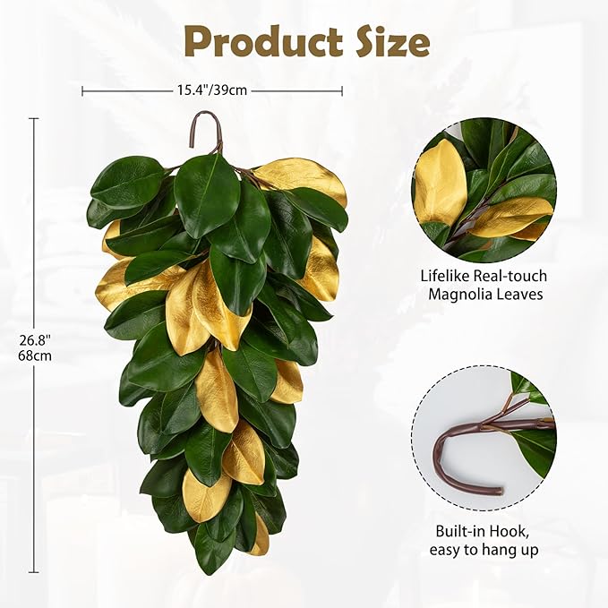 Christmas Gold Leaf Holiday Teardrop Swag – 27" Artificial Magnolia Greenery Hanging Decoration – Elegant Front Door & Fireplace Décor for Christmas Thanksgiving