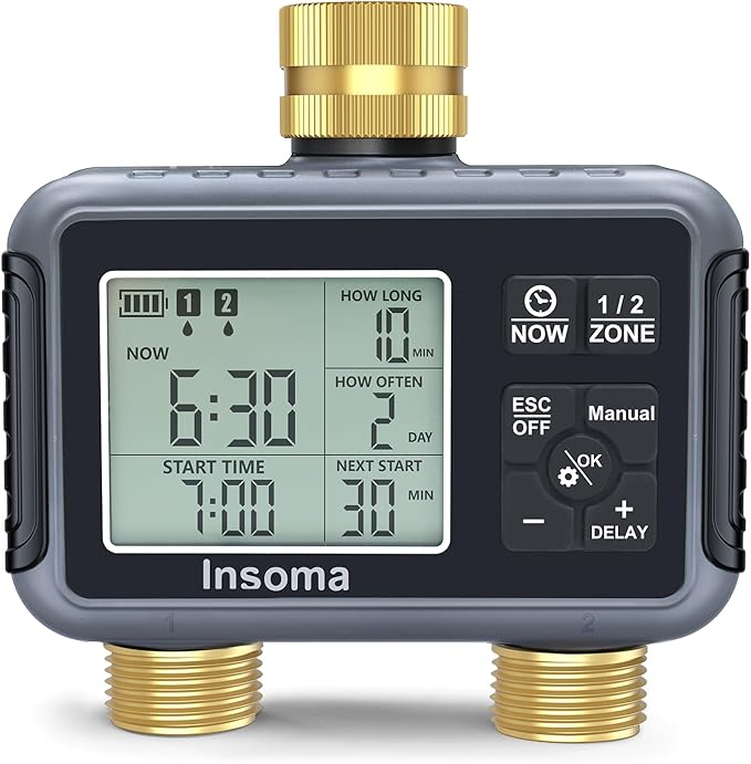 Insoma Water Timer with Brass Inlet & Outlet, 2 Independent Zones Outdoor Hose Timer for Garden Faucet with Auto/Manual/Rain Delay Mode, Sprinkler Irrigation Controller for Yard Lawn