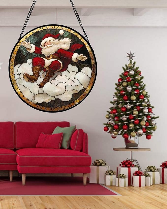 Stained Glass Window Hanging - Red White Santa Claus Clouds Suncatcher for Doors Home Christmas Decoration Sun Catcher Thanksgiving New Year Birthday Gifts for Friend Women Men Mom Nana 11.8 in