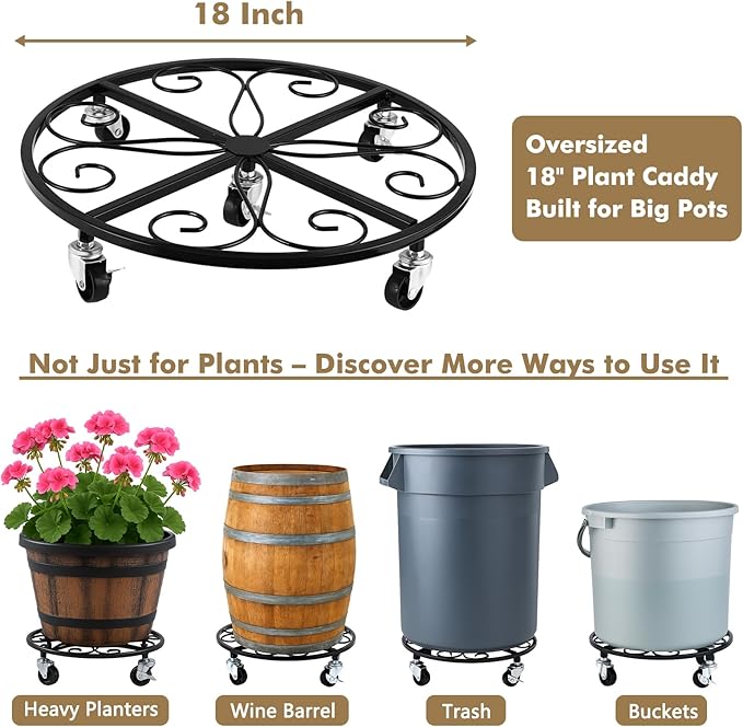 4 Pack Plant Caddy with Wheels 18 Inch Rolling Plant Stand for Large Plants Heavy Duty Plant Rollers Metal Plant Dolly Rustproof Planter Stand Wrought Iron Plant Stands Flower Cart Outdoor