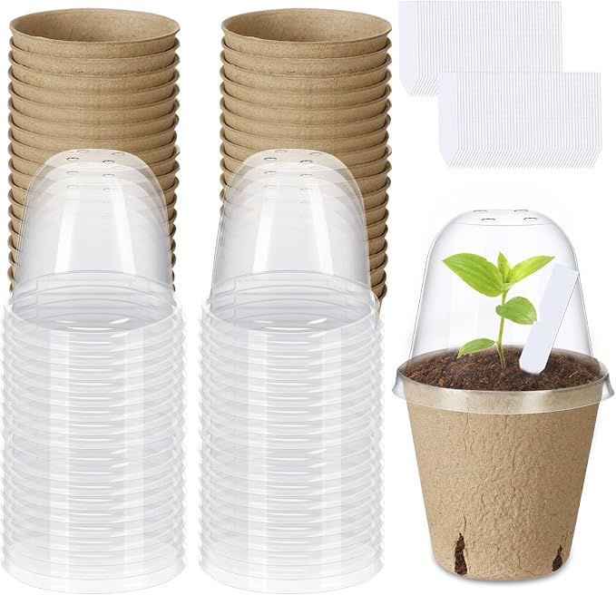 Aulock 36 Sets Plant Nursery Pots with Humidity Dome - 3in Seed Starting Pots, Round Peat Pots with 100 Labels for Garden Flowers Herbs Vegetables Seedlings